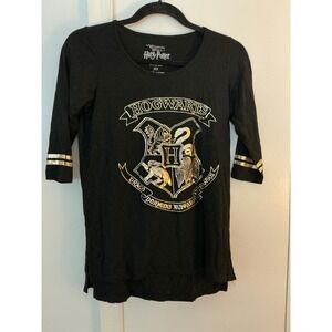 Harry Potter Hogwarts Crest Graphic Top Black Gold Foil 3/4 Sleeve Womens XS